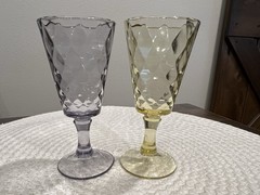 2 EAPG 1890’s Bryce Bros Diamond Quilted Glass Stem Goblets, Yellow & Grey