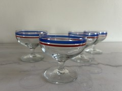 Set Of 4 Red Blue Stripe Americana Footed Glass Sherbet Dessert Glasses Vintage