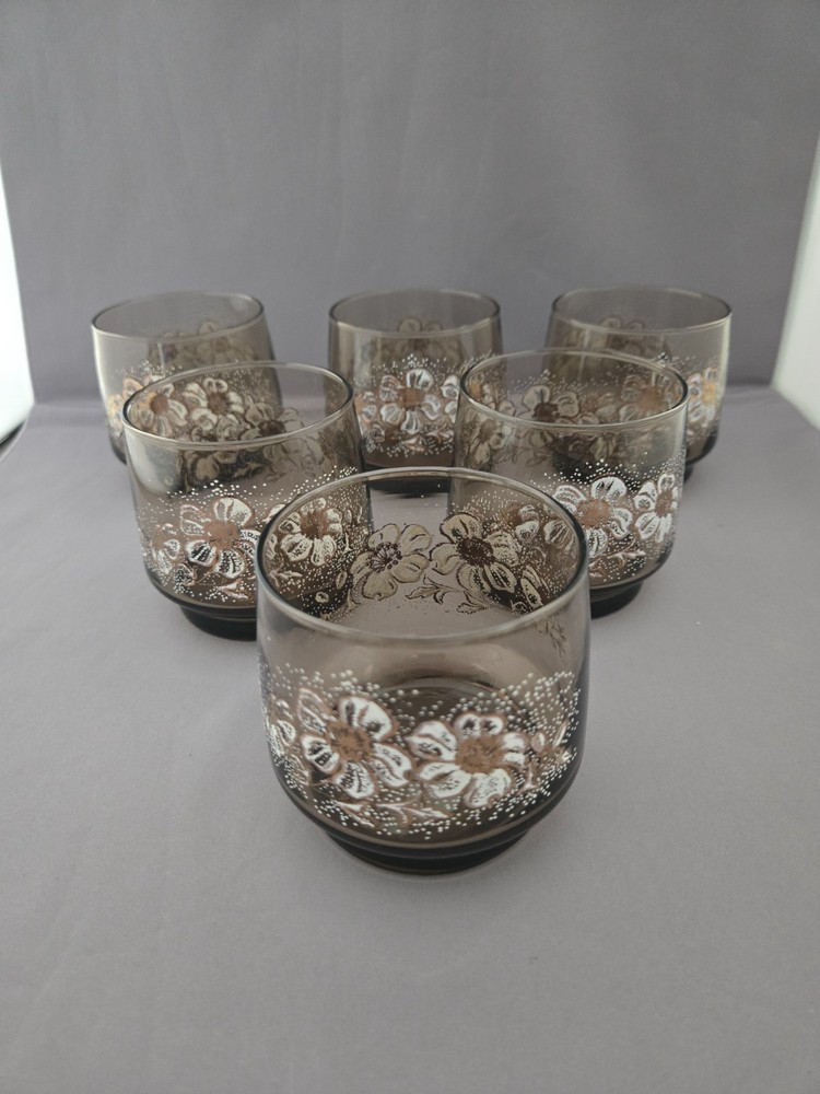 6 Vintage Libbey St Clair Glass Brown Floral Gold Trim On The Rocks Glasses MCM
