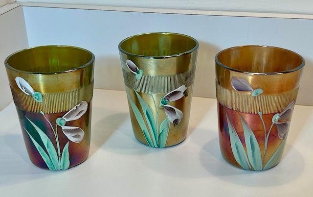 3 Vintage Fenton Carival Glass Hand Painted Enameled Iris Tumblers