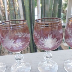 Six 6 Purple Cranberry Engraved Floral Cut to Clear Wine Glasses Goblets Vintage