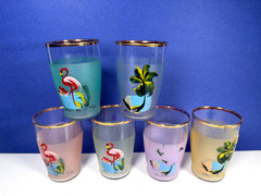 VTG. FLAMINGO PALMS FROSTED GLASSES SET 6 MIAMI BEACH FL MCM BARTLETT COLLINS