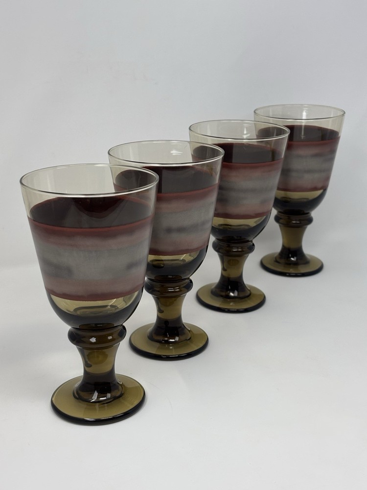 4 Vintage Libbey Glass Nova Brown Burgundy 7”Goblets Tall Drinking Glasses 14Oz.