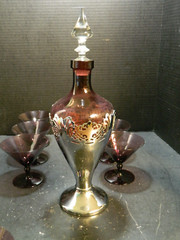 Vintage (11) Piece Amethyst Glass & Chrome Decanter Set Decanter+10 Glasses Exc
