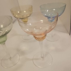 Vintage Set 4 Multi Colors HUGE BOWL Margarita Glasses ETCHED CRYSTAL 7″ Tall