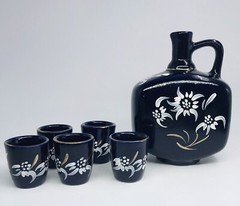 Vintage Hand Painted Floral Pottery Sake Decanter With 5 Cups Cobalt Glaze