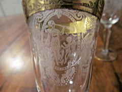 2 OPTIC 5 1/2″ WINE GLASSES ETCHED WOMEN WITH HORN + CHERUB GOLD ENCRUSTED TRIM