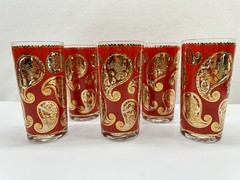 Vtg Set of 6 MCM Culver Red & 22k Gold Paisley Highball Glasses Tumbler Cocktail