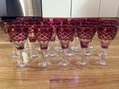 Set of 16 Cranberry Cut to Clear Crystal Wine/Cordial Glasses 3 Sizes Hand Blown