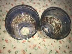 2 VTG Blue Purple Glass Tumbler 5″ 11 oz Gold Band Leaf Berry Trim Mid Century