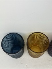 4 Vtg Indiana Glass Diamond Pt Drinking Glasses 5” Tall Green, Blue, Amber, Wine