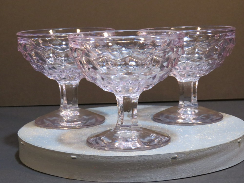 Vtg 3-Sun Kissed Purple Fostoria American Champagne Low Sherbert Glasses 3 1/2″T