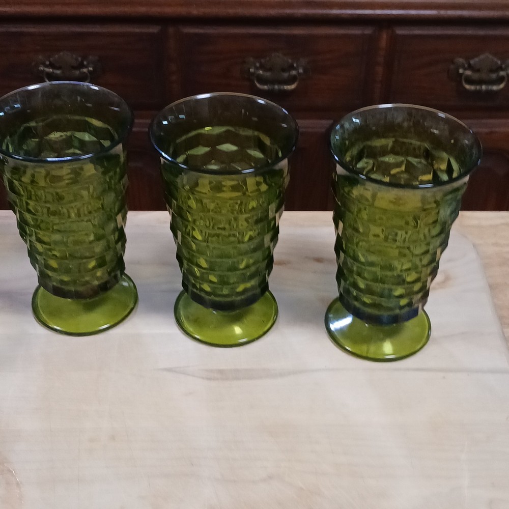 Indiana Whitehall Vintage 6”Tall Avocado GREEN Cubist Drinking Glass Footed 1