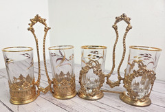 Gold Tone Cordial Glasses Ornate Caddy Set Barware Mismatched Design VTG