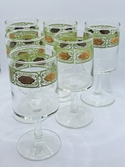 Vintage MCM Green and Gold Filigree Lace Stemmed Glassware Drinkware – Set of 6
