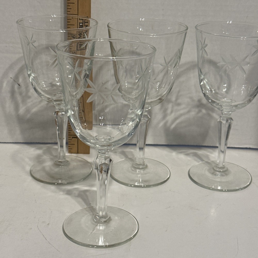 Vtg Set Of Four 1930’s Libbey’s Candlelight Etched Wine Or Water Stemware