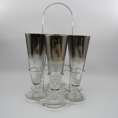 Rare Vtg Silver Fade Cocktail Champagne Pilsner Beer Glasses W/Carrier 8 1/4″