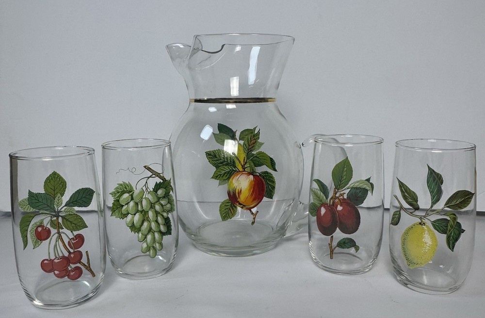 Vintage Fruit Glass Pitcher Set 4 Juice Glasses Lemon Cherry Grape Peach Gold
