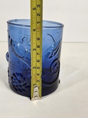 Dusky Blue Low Ball Tumbler Glass Embossed Shells Fish Starfish Ocean Life 4″