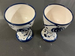 MUD WORKS IRISH MADE Set of 2 Off White & Blue Pottery Goblets- 4 & 3/4” High