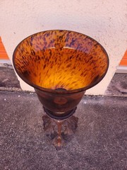Large 23″ Tall Amber Tortoise Shell Glass VASE/Candle Holder. HEAVY Brass BASE