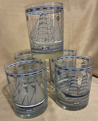 High Ball Set of 5 Glasses Georges Briard’s Sailing Ships, Signed 4-1/4”tall