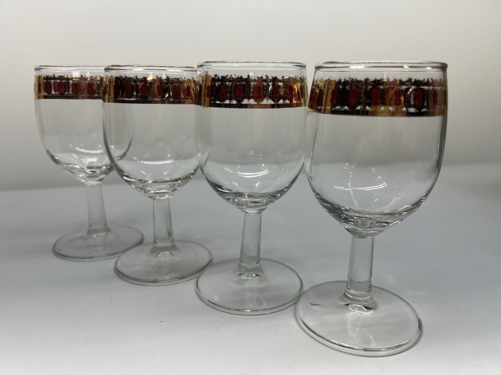 Culver Cranberry Scroll Panel Wine Glasses Set Of 4 MCM Vintage 22KT Gold Trim
