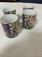Porcelain Floral Kutani-Style Sake Cups – Blue and Gold (Set of 4)