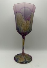 Rueven Hand Painted Art Glass Wine Goblet Nouveau Purple Floral Iridescent 8.5”