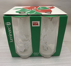 VINTAGE LUMINARC DURAND USA SET of 4 CHRISTMAS CLEAR GLASS 16 oz TUMBLER GLASSES