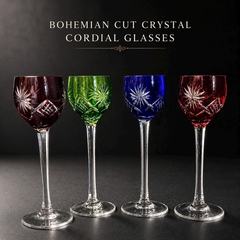Vintage Bohemian Cut to Clear Crystal Cordial Glasses Set of 4 Czech Stemware 6”