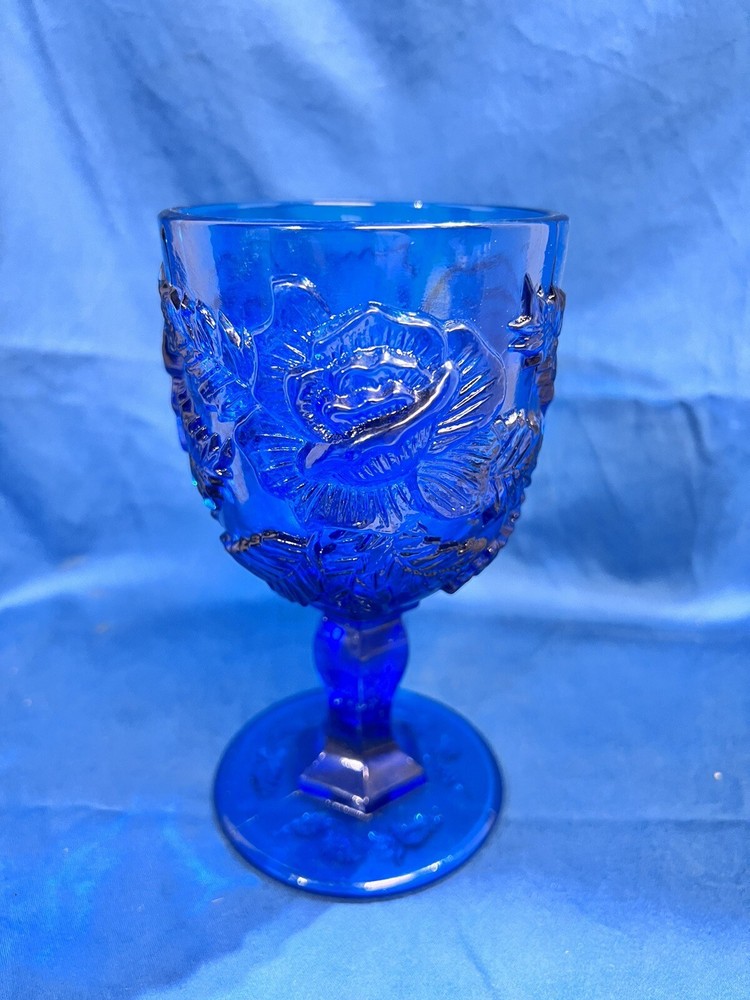 LG Wright Fenton Cobalt Glass Water Goblet 3D Wild Rose Madonna Inn Pattern