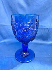 LG Wright Fenton Cobalt Glass Water Goblet 3D Wild Rose Madonna Inn Pattern