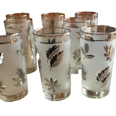 LIBBEY fall leaves metallic silver gray frosted 5″ glasses vintage MCM Set Of 10