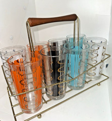 Vintage Glass Set 8 Tumblers W/ Cady Mid Century Modern Atomic Style Brass