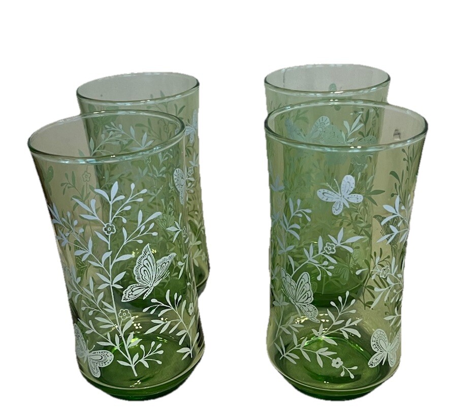 VTG MCM Very HTF Libby Libbey Glasses Grass Green w/White Butterflies Set of 4