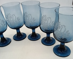 Vtg Pfaltzgraff Set of 6 Folk Art Blue Stemmed Etched Bird Wine Goblets