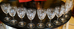 Vtg Set 10 CENTRAL GLASS WORKS Needle Etched Optic PASSIONFLOWER Water Goblets