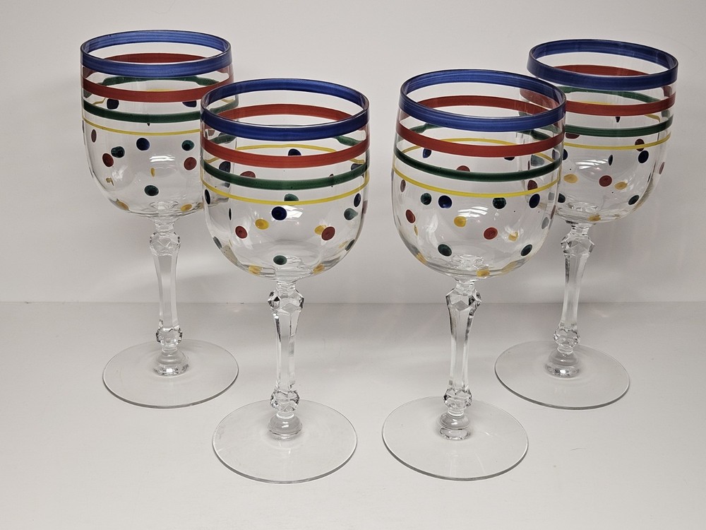 Set of 4 Mid-Century MCM Enameled Tall Goblets With Rainbow Stripes And Dots