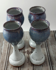 4) Studio Art Pottery Glazed Wine Chalice Goblets 6 Oz Signed Blue Gray Speckled