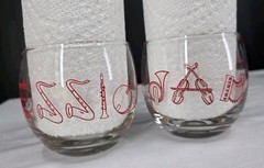 Vintage MCM Rocks Glasses «Jam Session» Musical Instrument Jazz Barware Set Of 2