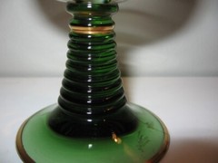 Wine Glass Clear to Green Gold Band & Edge Beehive Stem 4 1/2″ Height VGC