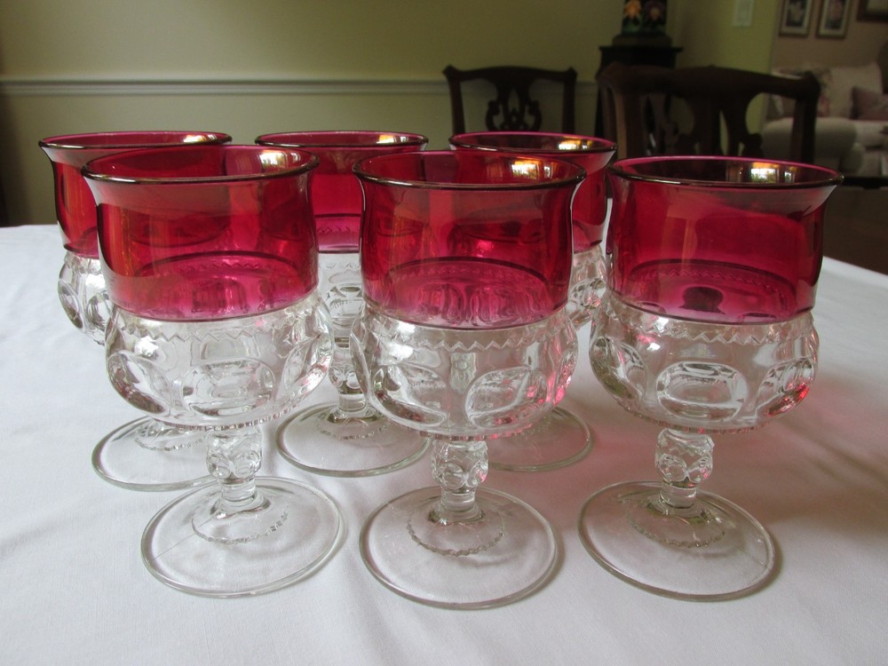 Set of 6 Vintage 1950s Colony Glass RUBY CROWN Thumbprint Water Goblets 5 3/4″