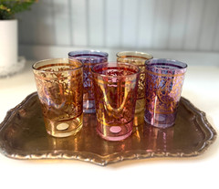 Vintage Timon Italy Gold Gilt Tumblers Set of 5 Jewel Tone Cocktail Glasses