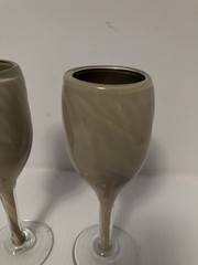 (2)Artist Signed Glass Wine Glasses 2013 Swirled Stems Neutral Colors