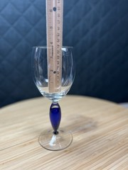 6 Hand Blown Clear Controlled Bubble Red Wine Goblets With Cobalt Blue Stems 8oz