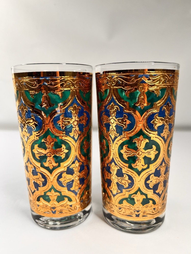 Two 1960s Georges Briard Firenza Highball Glasses Blue Light Paint Loss Lot #3