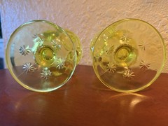 L G Wright/L E Smith Moon & Stars Yellow/Vaseline OPALESCENT GOBLET 6” Set 2
