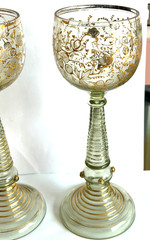 PAIR Vintage BOHEMIAN Glass ROEMER STYLE Hock Wine Glass 7 5/8″ Tall Gilt Design