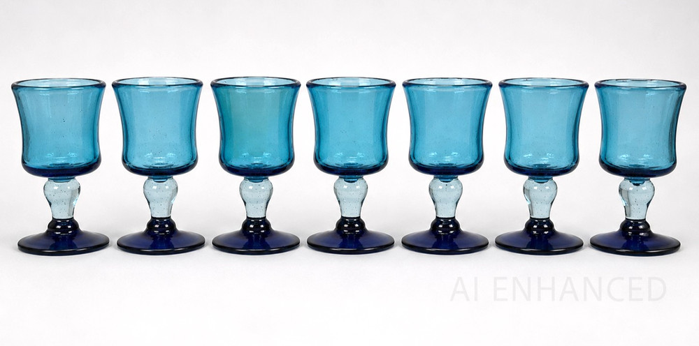 Mexican Hand Blown Aqua Blue Goblets Bubble Stem Glasses – Set of 8